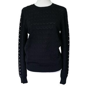 Current Air Los Angeles Black Pointelle Knit Sweater Pearl Detail (Size L)